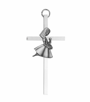 6 Inch Silver Plated Metal Wall Cross with Centered Kneeling First Communion Girl
