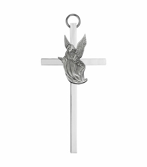 6 Inch Silver Plated Metal Wall Cross with Guardian Angel Centerpiece