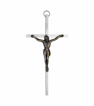 6 Inch Silver Plated Metal with Gold Corpus Wall Crucifix