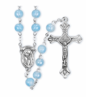 6mm Aqua Painted Glass Bead Rosary with Crucifix and Madonna Center