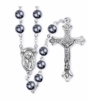 6mm Black Painted Glass Bead Rosary with Crucifix and Madonna Center