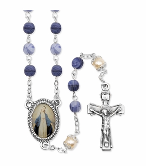 6mm Blue Glass Bead Rosary with Capped Pearl Decade Beads, Crucifix, and Miraculous Photo Center