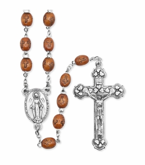 6mm Carved Cross Wood Bead Rosary with Crucifix and Miraculous Center