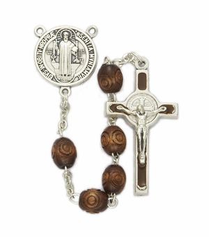 6mm Carved Wood Beads and St. Benedict Center  Rosary