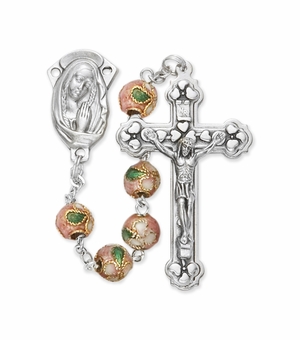 6mm Genuine Pink Cloisonne Bead Rosary with Crucifix and Madonna Center