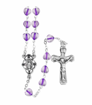 6mm Glass Amethyst Heart Bead Rosary with Crucifix and Miraculous Center