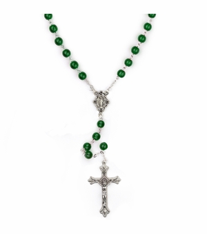 6mm Green Glass Bead Rosary with Crucifix and Miraculous Center