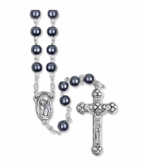 6mm Imitation Hematite Bead Rosary with Crucifix and Madonna Center