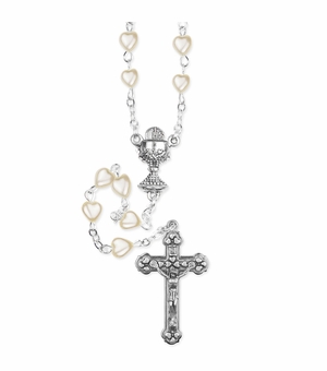6mm Imitation White Pearl Heart Bead Rosary with Crucifix and Chalice Center