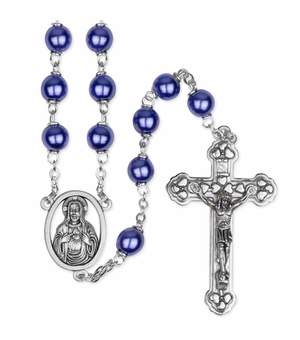 6mm Metallic Blue Bead Rosary with Crucifix and Sacred Heart Center