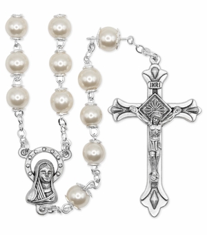 6mm Pearl Bead Rosary with Capped Decade Beads, Crucifix, and Madonna Center