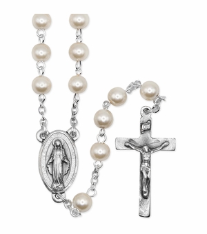 6mm Pearl Bead Rosary with Crucifix and Miraculous Center
