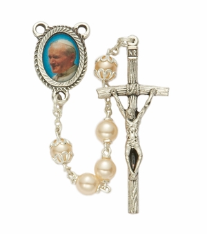 6mm Pearl Beads and Pope John Paul II Photo Center Rosary