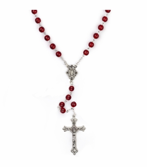 6mm Red Glass Bead Rosary with Crucifix and Miraculous Center