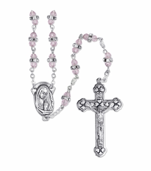 6mm Rose Crystal Glass Beads Rosary with Crucifix and Madonna Center