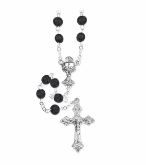 6mm Round Black Wood Bead Rosary with Crucifix and Chalice Center