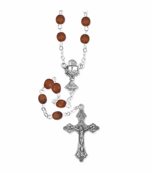 6mm Round Brown Wood Bead Rosary with Crucifix and Chalice Center