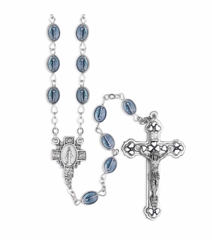 6mm Sapphire Glass Miraculous Bead Rosary with Crucifix and Miraculous Center