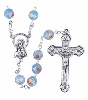 7-1/2mm Hand-Painted Aqua Flower Glass Bead Rosary with Crucifix and Madonna Center