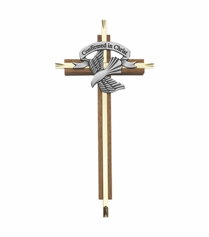 7-1/8 Inch Brass and Wood "Confirmed in Christ" Centered Dove Confirmation Wall Cross