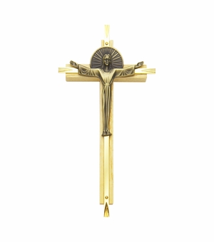 7-1/8 Inch Oak and Gold Antiqued Pewter Risen Christ with Sunburst Wall Cross