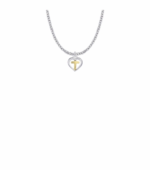 7/16 Inch Two-Tone Sterling Silver Cross and Open Heart Necklace