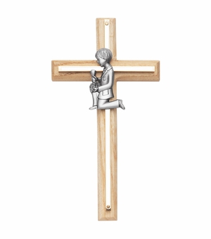 7-3/4 Inch Oak and Screened Brass Cross with Pewter First Communion Boy