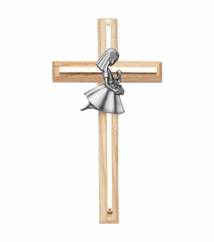 7-3/4 Inch Oak and Screened Brass Cross with Pewter First Communion Boy