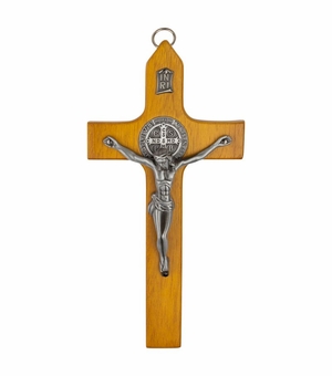 7-3/4 Inch Wood Wall Crucifix with Pewter Corpus and St. Benedict Medallion