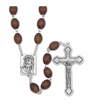 7.5mm Oval Brown Wood Beads Rosary with Crucifix and Christ Center