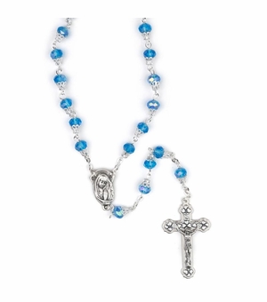7.5mm Round Capped Aqua Glass Beads Rosary with Crucifix and Madonna Center