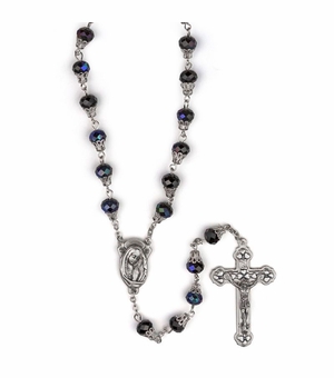 7.5mm Round Capped Black Glass Beads Rosary with Crucifix and Madonna Center