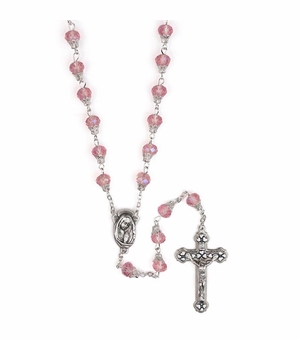 7.5mm Round Capped Rose Glass Beads Rosary with Crucifix and Madonna Center