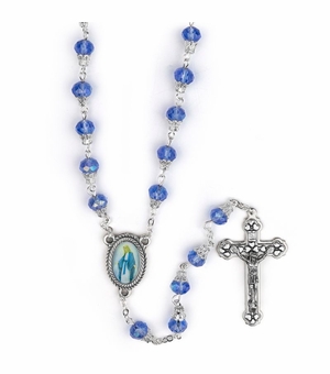 7.5mm Round Capped Sapphire Glass Beads Rosary with Crucifix and Miraculous Center