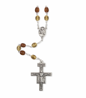 7.5mm Wood Bead Franciscan Rosary with Crucifix and St. Francis Center
