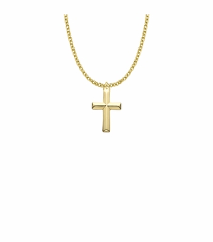 7/8 Inch 14KT Gold Plated Over Sterling Silver Cross with Beveled Design Necklace