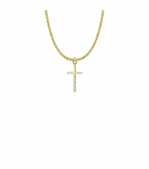 7/8 Inch 14KT Gold Plated Over Sterling Silver Diamond Engraved Stick Cross Necklace