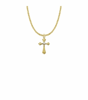 7/8 Inch 14KT Gold Plated Over Sterling Silver Flared and Pointed Ends Cross Necklace with Cubic Zirconia Stone