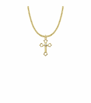 7/8 Inch 18KT Gold Plated Over Sterling Silver  Ends Cross Necklace with Cubic Zirconia Stone