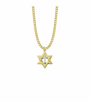 7/8 Inch 18KT Gold Plated Over Sterling Silver Two-Tone Star of David with Cross Necklace