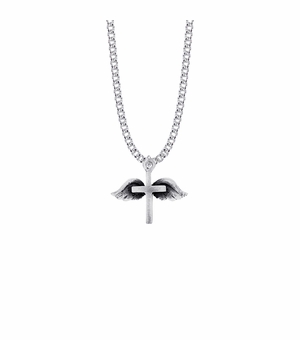 7/8 Inch Pewter Angel Wings Cross Necklace