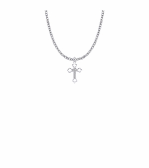 7/8 Inch Polished Sterling Silver Open Budded Ends Cross Necklace with Marcasite Stones