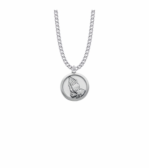 7/8 Inch Round Sterling Silver Praying Hands Medal with Serenity Prayer