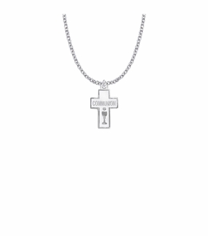 7/8 Inch Silver Plated Enameled Cross and Centered Communion Chalice Necklace
