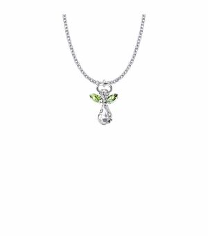 7/8 Inch Silver Plated Glass Crystal August Peridot Birthstone Angel Necklace