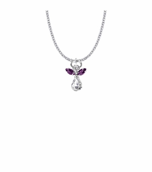 7/8 Inch Silver Plated Glass Crystal February Amethyst Birthstone Angel Necklace