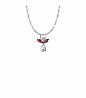 7/8 Inch Silver Plated Glass Crystal January Garnet Birthstone Angel Necklace