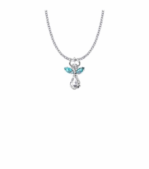 7/8 Inch Silver Plated Glass Crystal March Aquamarine Birthstone Angel Necklace