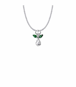 7/8 Inch Silver Plated Glass Crystal May Emerald Birthstone Angel Necklace