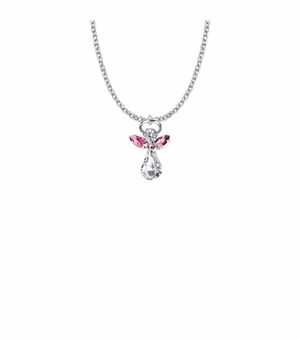 7/8 Inch Silver Plated Glass Crystal October Rose Zircon Birthstone Angel Necklace